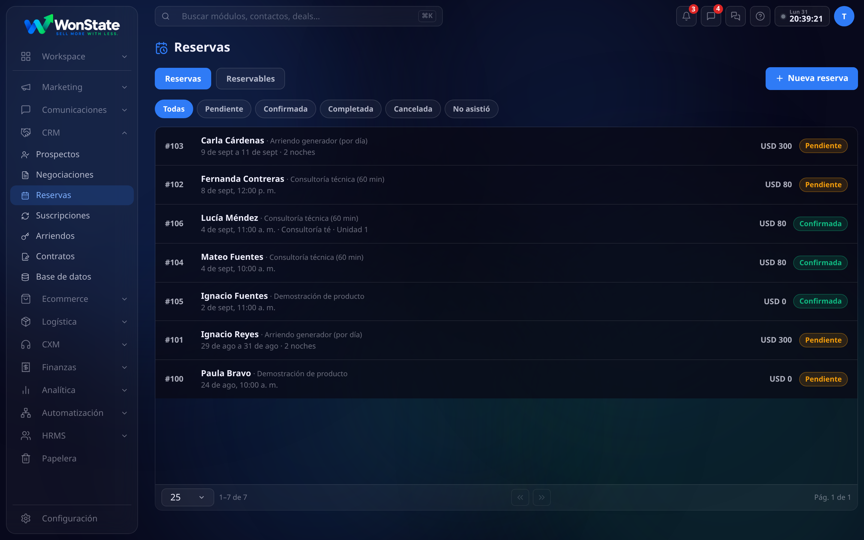 Tablero de Reservas: pestañas por estado (Pendiente, Confirmada, Completada, Cancelada, No asistió) y la lista con número, cliente, servicio, fecha u horario, monto y estado
