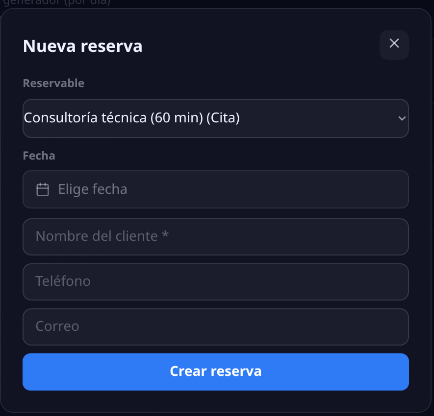 Modal de nueva reserva: selector del reservable, fecha, nombre del cliente, teléfono, correo y el botón Crear reserva