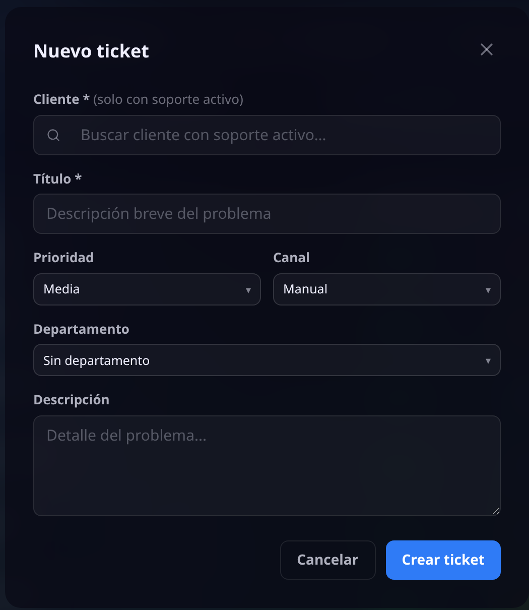 Formulario de nuevo ticket: cliente con soporte activo, título, prioridad, canal, departamento y descripción