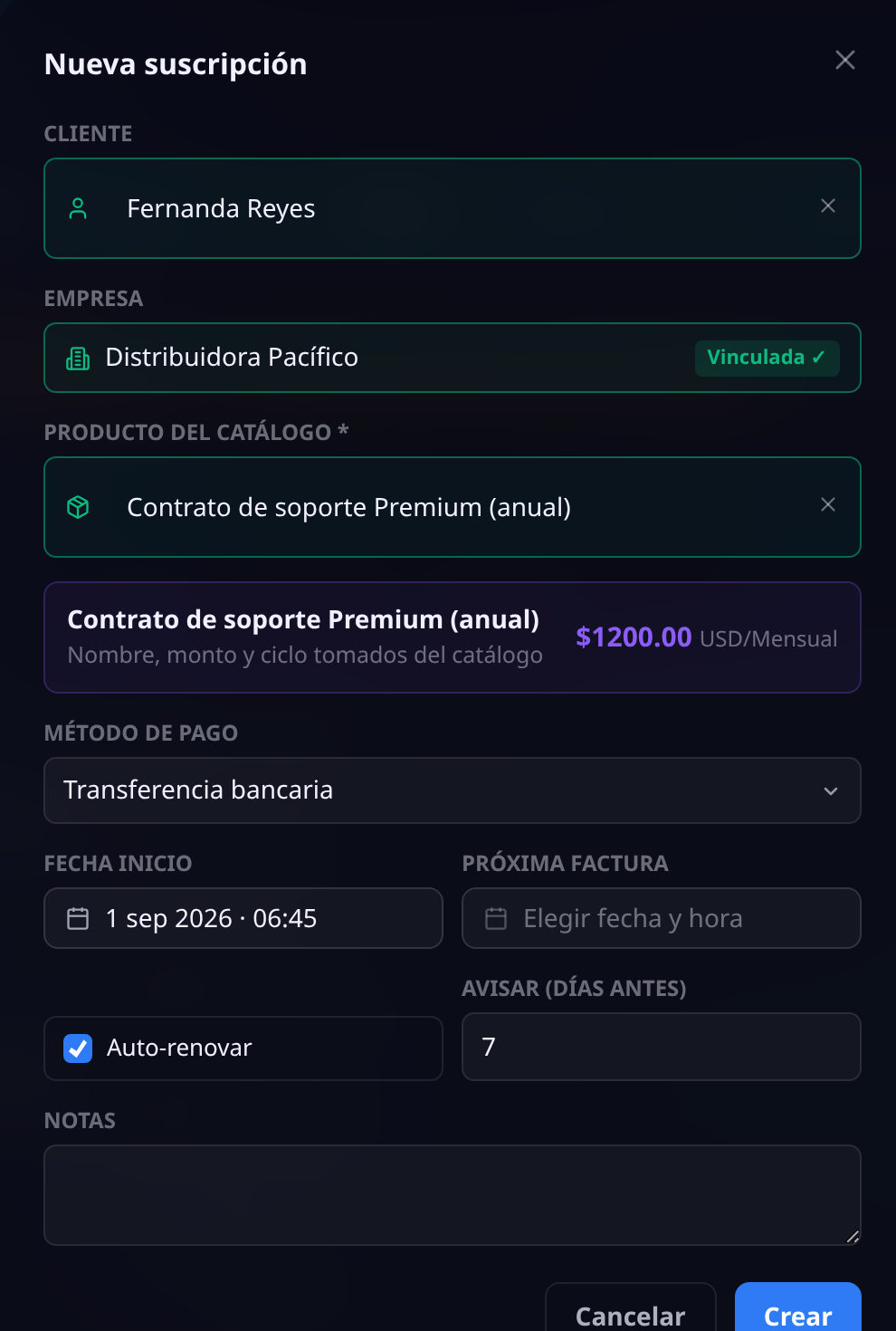 Formulario de nueva suscripción: cliente con su empresa vinculada, producto del catálogo con su precio y ciclo, método de pago, fecha de inicio, auto-renovar y días de aviso