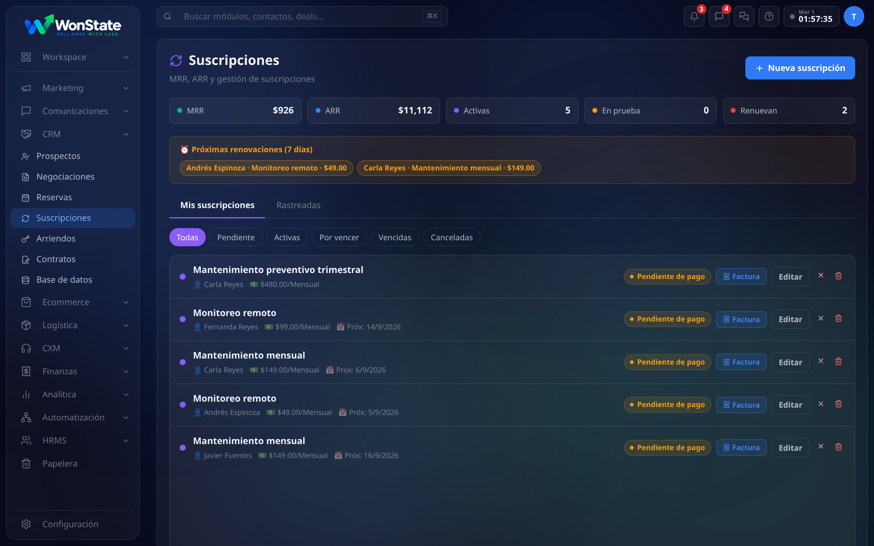 Lista de suscripciones con cliente, monto y ciclo, próxima fecha de cobro, estado y los botones Factura y Editar