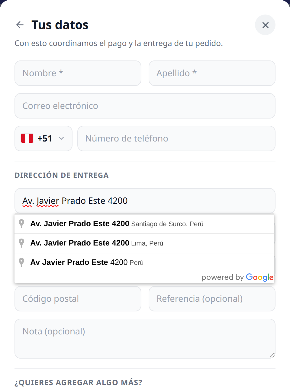 Formulario de checkout con el campo de dirección de entrega mostrando el desplegable de sugerencias de Google Maps: tres direcciones reales de Lima mientras el cliente escribe
