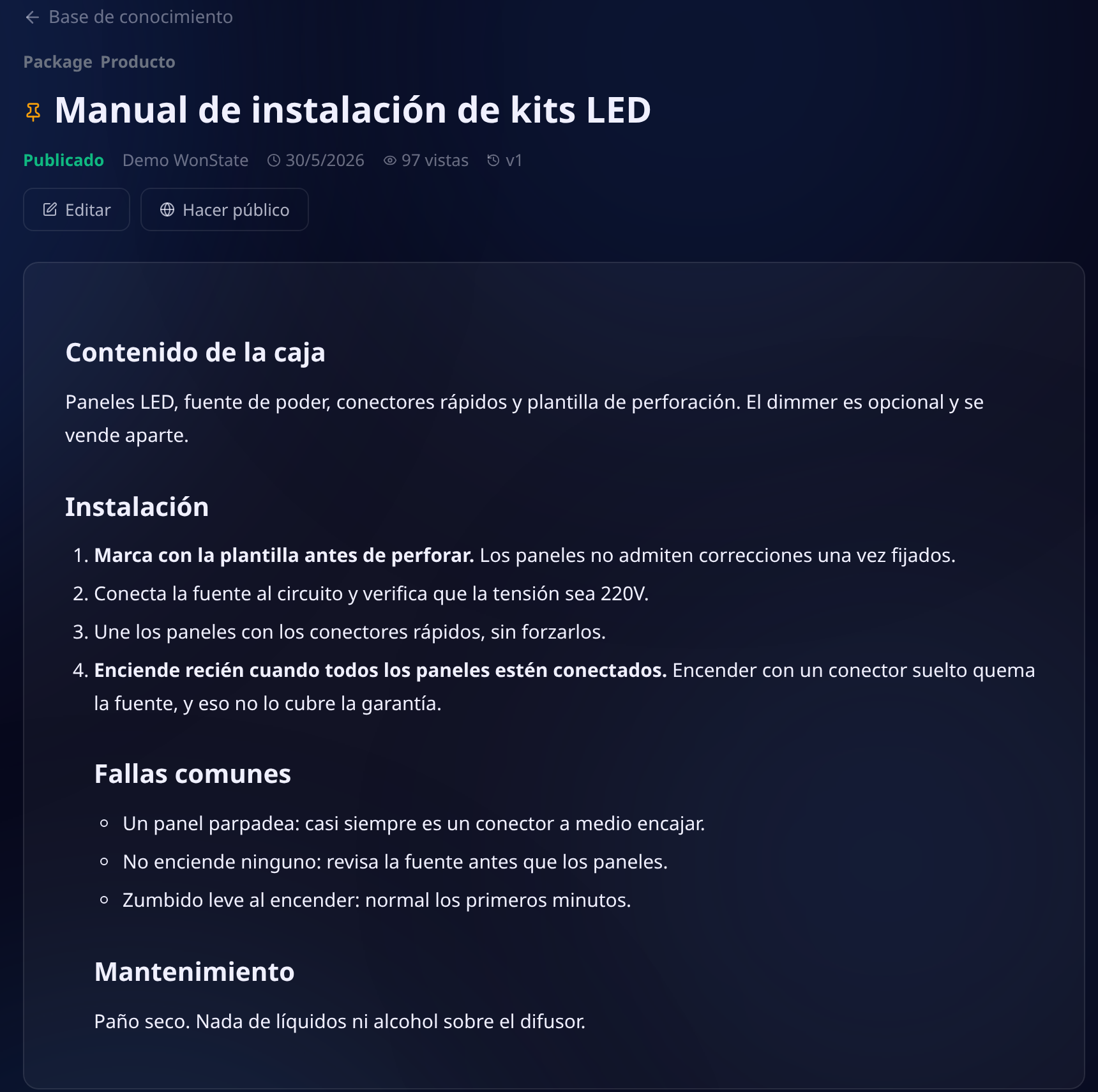 Artículo de la wiki abierto con su categoría, estado publicado, autor, fecha, número de vistas y versión, los botones de editar y hacer público, y el contenido con títulos, pasos numerados y listas
